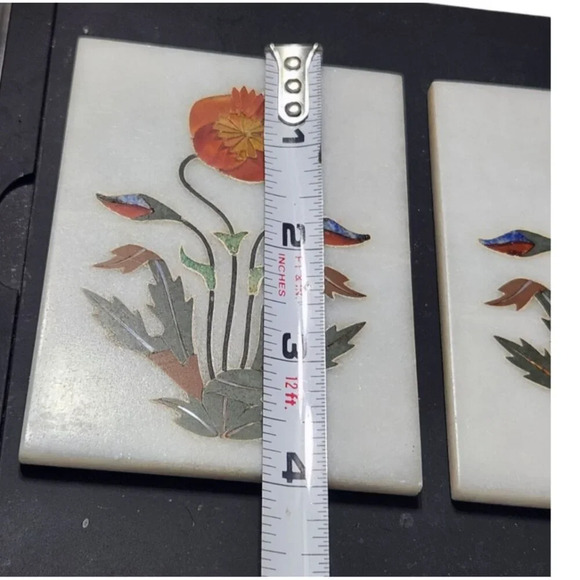 Stone Floral Inlay Coasters Tiles Set of 2 - Picture 5 of 5